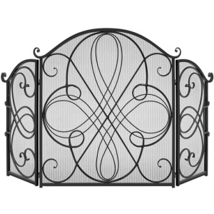 3-Panel Wrought Iron Metal Fireplace Screen Cover w/ Scroll Design - 55x33in