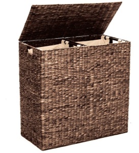 Extra Large Water Hyacinth Double Laundry Hamper Basket w/ 2 Liner Bags, Espresso, Appears New