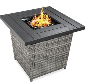 28in Fire Pit Table 50,000 BTU Wicker Propane w/ Faux Wood Tabletop, Cover, Gray, Untested, E-Commerce Return