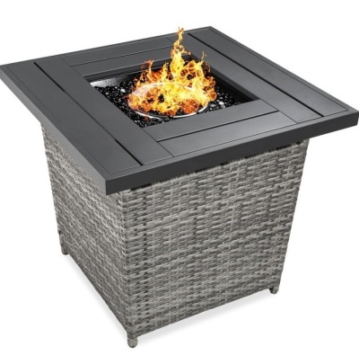 28in Fire Pit Table 50,000 BTU Wicker Propane w/ Faux Wood Tabletop, Cover, Gray, Untested, E-Commerce Return