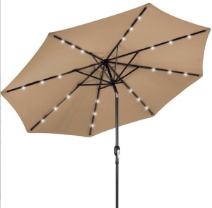 Solar LED Lighted Patio Umbrella w/ Tilt Adjustment, UV-Resistance - 10ft, Tan, Appears New