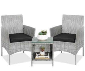 3-Piece Outdoor Patio Wicker Bistro Set w/ Side Storage Table, Gray/Black, Appears New