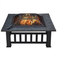 32'' Square Metal Fire Pit with Cover and Poker, Black