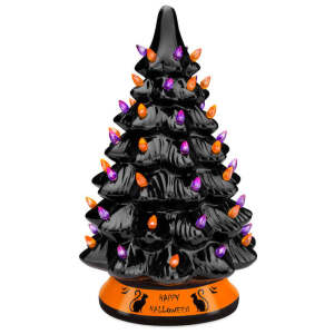 Ceramic Halloween Tabletop Tree w/ Orange & Purple Bulb Lights