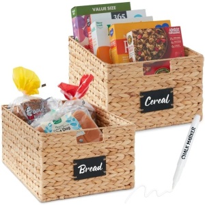 Set of 2 Water Hyancinth Pantry Baskets w/ Chalkboard, Marker - 16in