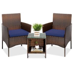 3-Piece Outdoor Patio Wicker Bistro Set w/ Side Storage Table