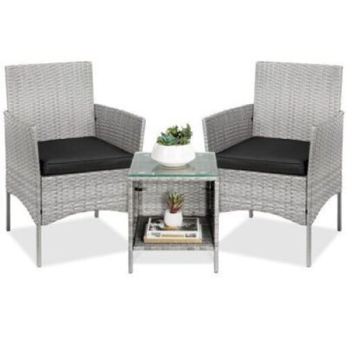 3-Piece Outdoor Patio Wicker Bistro Set w/ Side Storage Table&nbsp;