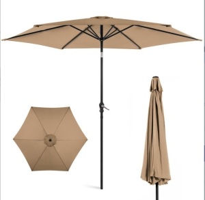 Outdoor Steel Market Patio Umbrella Decoration w/ Tilt, Crank Lift - 10ft, Tan, Appears New