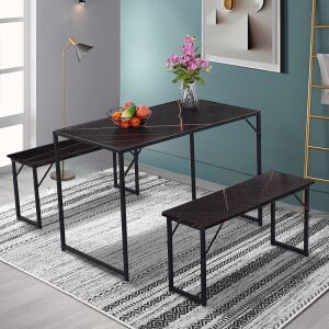 3-Piece Dining Table Set - Black Marble