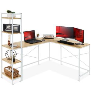 L-Shaped Computer Desk, Study Workstation w/ 5-Tier Open Storage Bookshelf