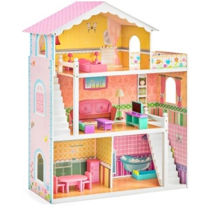 3-Story Wood Dollhouse, Large Open Mansion w/ 5 Rooms, 17 Accessories - 44in