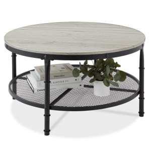 2-Tier Round Industrial Wood & Steel Coffee Table, Storage Shelves - 35.5in