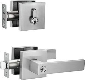 Case of (18) Berlin Modisch Contemporary Square Entry Lever Door Handle and Single Cylinder Deadbolt Locking Lever Handle Set, Satin Nickel Finish 