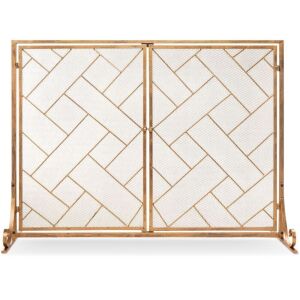 2-Panel Wrought Iron Geometric Fireplace Screen w/ Magnetic Doors - 44x33in