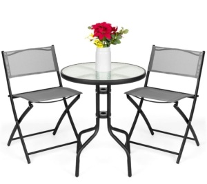 3-Piece Bistro Set w/ Glass Table, 2 Foldable Chairs, Gray, May Be Missing Hardware