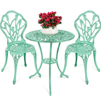 3-Piece Cast Aluminum Patio Bistro Furniture Set. Teal, May Be Missing Hardware