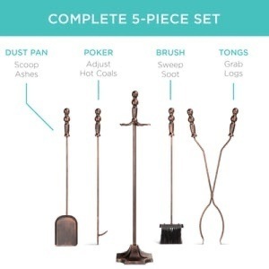 5-Piece Rustic Iron Indoor Outdoor Fireplace and Firepit Tool Set w/ Stand