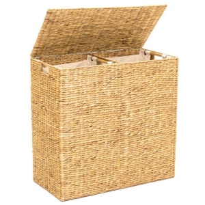 Extra Large Water Hyacinth Double Laundry Hamper Basket w/ 2 Liner Bags