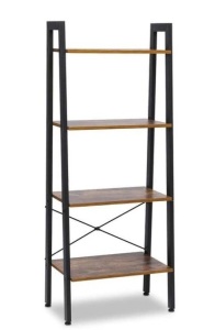 KingSo Brown Wood Metal 4 Shelf Ladder Bookcase with Open Back