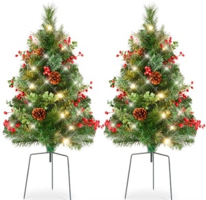 Set of 2 Pre-Lit Pathway Christmas Trees w/ Pine Cones, Timer - 24.5in