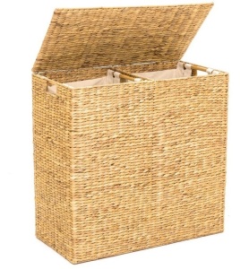 Extra Large Water Hyacinth Double Laundry Hamper Basket w/ 2 Liner Bags, Brown, Dent on Side