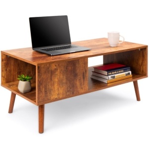 Wooden Mid-Century Modern Coffee Accent Table w/ Open Storage Shelf, Brown, May Be MIssing Hardware