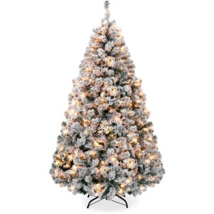 Pre-Lit Snow Flocked Artificial Pine Christmas Tree w/ Warm White Lights, 6ft