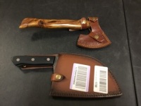 Damascus Hatchet with Wood Handle,&nbsp;Leather Sheath & Cleaver with Sheath - Appear New