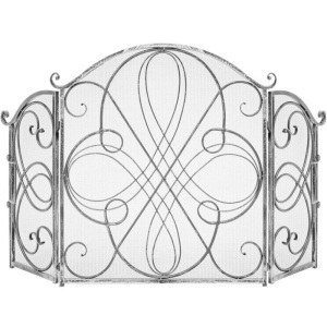 3-Panel Wrought Iron Metal Fireplace Screen Cover w/ Scroll Design - 55x33in