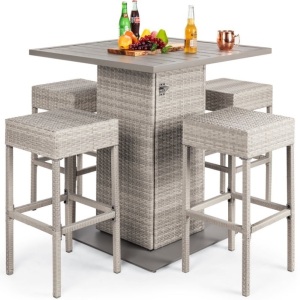 5-Piece Wicker Bar Set w/ 4 Stools, Built-In Bottle Opener, Hidden Storage