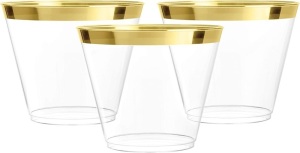 100pk Gold Rimmed 9 oz Plastic Wine Cups
