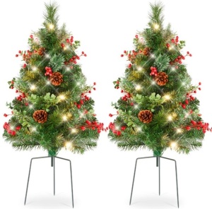 Set of 2 Pre-Lit Pathway Christmas Trees w/ Pine Cones, Timer - 24.5in