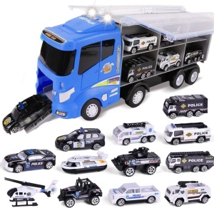 FUN LITTLE TOYS Transport Truck with Mini Police Vehicles