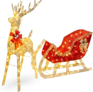 Lighted Christmas Reindeer & Sleigh Outdoor Decor Set w/ LED Lights, Gold