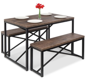 3-Piece Bench Style Dining Furniture Set w/ 2 Benches, Table - 45.5in, Brown/Black