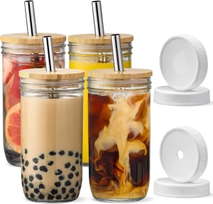 4 pack 24oz Jar Glasses w/ Bamboo Lids & Straws