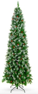 Partially Flocked Spruce Pencil Christmas Tree w/ Berries, Pine Cones, 7.5 ft