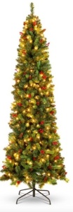 Pre-Lit Spruce Pencil Christmas Tree w/ Berries, Pine Cones, 6ft