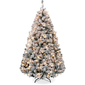 Pre-Lit Snow Flocked Artificial Pine Christmas Tree w/ Warm White Lights, 4.5ft
