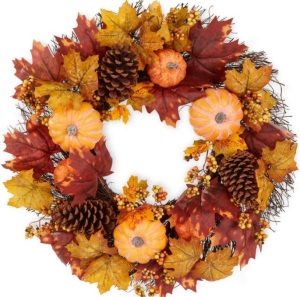 Artificial Fall Wreath, Autumn Thanksgiving Holiday Decoration - 24in