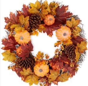 Artificial Fall Wreath, Autumn Thanksgiving Holiday Decoration - 24in