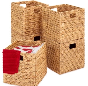 Set of 5 Collapsible Hyacinth Storage Baskets w/ Inserts - 12x12in, Natural