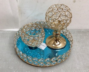 Gold Acrylic Crystal Bowl, Platter, Pedestal Home Decor Set