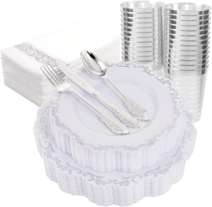 175pcs Plastic Plates w/ Disposable Silverware & Cups