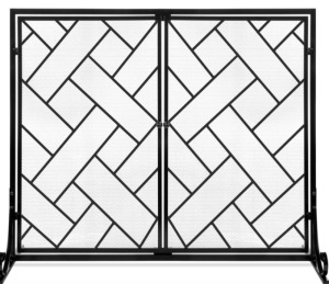 Lot of 2, 2-Panel Wrought Iron Geometric Fireplace Screen w/ Magnetic Doors - 44x33in, Black