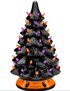 Ceramic Halloween Tabletop Tree w/ Orange & Purple Bulb Lights - 15in, Damaged, Missing 1 Bulb