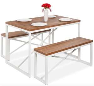 3-Piece Bench Style Dining Furniture Set w/ 2 Benches, Table - 45.5in, Brown/White