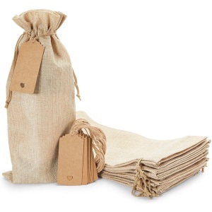 Pack of Burlap Wine Bottle Gift Bags w/ Tags