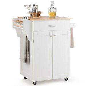 Rolling Kitchen Island Cart Storage Cabinet with Spice Rack - White