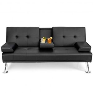 Convertible Folding Leather Futon Sofa - Black